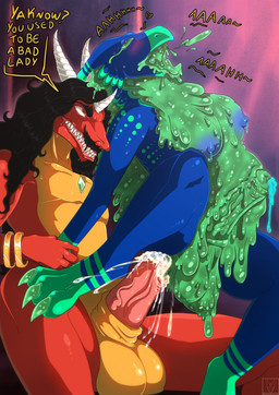 anthro balls big_balls big_penis black_hair blush bodily_fluids breasts clenched_teeth cum cum_drip cum_in_ass cum_inside cum_on_penis cumshot dialogue dripping duo ejaculation erection fangs forced genital_fluids genitals hair herm horn intersex male nipples open_mouth orgasm orgasm_face penetration penis red_body simple_background slime smile speech_bubble teeth text blakezarks bzarks mythology azucarite tepes_bzarks dragon goo_creature mythological_creature mythological_scalie scalie cel_shading digital_media_(artwork) english_text hi_res shaded