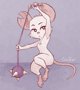 anthro big_ears bodily_fluids breasts claws female fur holding_object holding_whip notched_ear nude nude_female slim_female small_breasts solo spiked_mace spiked_whip sweat weapon whip white_body white_fur gavbat mina_the_hollower yacht_club_games mina_(mina_the_hollower) mammal mouse murid murine rodent