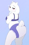 anthro blush bra breasts clothed clothing diaper female floppy_ears fur heart_symbol horn looking_back smile solo standing underwear wearing_diaper white_body white_fur auroraskyyy undertale_(series) toriel boss_monster_(undertale) bovid caprine goat mammal monster hi_res