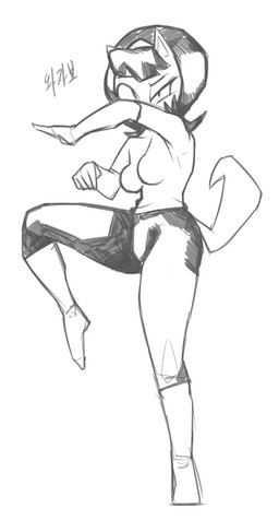 anthro black_hair clothing fur hair plantigrade simple_background solo white_background kimsan-stuff nickelodeon t.u.f.f._puppy kitty_katswell domestic_cat felid feline felis mammal monochrome signature sketch source_request unavailable_at_source
