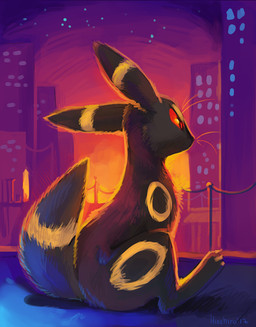 ambiguous_gender black_body black_fur building city detailed_background feral fur night outside red_eyes sitting skyscraper solo star sunset whiskers yellow_body yellow_fur hioshiru nintendo pokemon eeveelution generation_2_pokemon pokemon_(species) umbreon 2017 digital_media_(artwork) signature