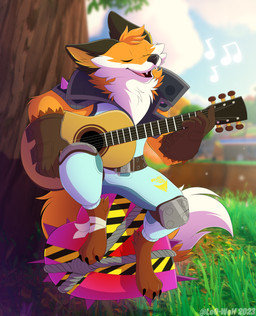 acoustic_guitar anthro blurred_background brown_body brown_fur clothed clothing cloud day eyes_closed fully_clothed fur gesture gloves grass guitar handwear male musical_instrument open_mouth orange_body orange_eyes orange_fur outside plant playing_music plucked_string_instrument sitting sky solo string_instrument teeth tongue tree white_body white_fur leo-wolf epic_games fortnite fennix_(fortnite) canid canine fox mammal red_fox true_fox 2023 absurd_res digital_media_(artwork) hi_res