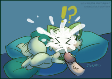 bestiality bodily_fluids cum cum_on_face disembodied_penis duo feral genital_fluids genitals green_body human_on_feral humanoid_genitalia humanoid_penis interrobang interspecies male male_on_feral penis pillow pokephilia simple_background furnut nintendo pokemon felid feline generation_9_pokemon human mammal pokemon_(species) sprigatito hi_res