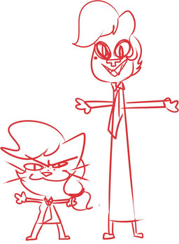 ambiguous_gender anthro biped duo female freckles hair mole_under_eye necktie ponytail shitpost simple_background size_difference standing t-pose whiskers white_background chokovit_(artist) felid feline mammal rodent species_request 2016 meme monochrome red_and_white sketch