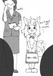 age_difference anthro biped bodily_fluids canid canine clothed clothing comic dialogue digital_media_(artwork) english_text female fox fur_(theterm) group human kemono larger_female mammal monochrome nervous older_female school_uniform size_difference smaller_female sweat tail tail_motion tailwag text theterm uniform young young_anthro young_female younger_female