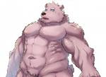 abs anthro biceps blue_eyes fur genitals male muscular muscular_anthro muscular_male navel open_mouth pecs penis pink_body pink_fur simple_background solo tongue triceps white_background star_parlor bear mammal hi_res