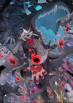 2_horns 5_fingers anthro belt black_body black_bottomwear black_claws black_clothing black_coat black_fur black_pants black_topwear blue_eyes blue_tongue bottomwear city claws clothed clothed_anthro clothed_male clothing coat conjuration dark_body dark_scales duo ear_piercing fangs feral finger_claws fingers fluffy footwear fully_clothed fully_clothed_anthro fully_clothed_male fur furgonomic_footwear furgonomics grey_body grey_claws grey_fur grey_horn gums hair hand_on_sword head_horn horn inner_ear_fluff looking_at_viewer magic_user male mask open_mouth outside pants pawpads piercing puddle red_belt red_mask red_pawpads reflection scales shirt shoes simple_eyes standing tail teeth text tongue topwear tuft wearing_mask white_clothing white_hair white_sclera white_shirt white_topwear yellow_clothing yellow_eyes yellow_footwear yellow_shoes chiayeeee mythology nocturne_(nocturnewolf) canid canine canis dragon mammal mythological_creature mythological_scalie scalie wolf 2023 absurd_res digital_drawing_(artwork) digital_media_(artwork) english_text full-length_portrait hi_res portrait signature