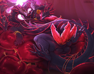 3_penises 4_fingers 4_toes 5_heads animal_genitalia animal_penis balls bracelet claws container cup detailed_background detailed_scales ear_frill feet feral fin finger_claws fingers frill_(anatomy) genitals goblet gold_(metal) head_crest head_frill jewelry lying male multi_genitalia multi_head multi_penis on_back open_mouth penis pillow pink_sclera pink_tongue pupils scales sharp_teeth slit_pupils solo spread_legs spreading tail tail_fin tapering_tail teeth toe_claws toes tongue ventral_scales lokrial european_mythology greek_mythology mythology voxatal dragon hydra mythological_creature mythological_scalie scalie detailed hi_res shaded