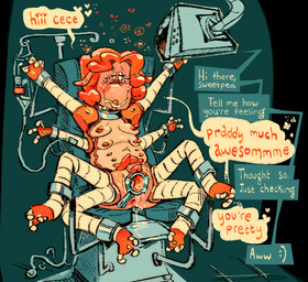 4_breasts 4_legs 8_nipples ambiguous_gender ankles_tied antennae_(anatomy) anus bdsm blush bodily_fluids bondage bound breasts clitoris computer_monitor cuff_(restraint) dialogue drooling duo female female/ambiguous genital_fluids genitals gynecological_chair hair hands_tied iv_bag iv_line machine medical_instrument metal_cuffs multi_breast multi_nipple nipples nude orange_body orange_hair orange_skin pubes restraints saliva scientific_instrument speech_bubble spread_vulva spreading substance_intoxication text vaginal_fluids vulva pettypalps cece_(pettypalps) joybot_(pettypalps) alien alien_humanoid android humanoid robot 2025 digital_drawing_(artwork) digital_media_(artwork) english_text