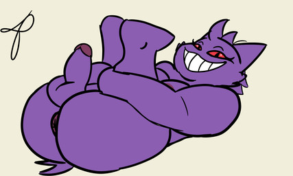 anthro anus areola balls big_breasts big_butt breasts butt curvy_figure erection fur genitals gynomorph hair humanoid_genitalia humanoid_penis intersex legs_up looking_at_viewer lying nipples nude on_back overweight overweight_anthro overweight_gynomorph overweight_intersex penis presenting presenting_hindquarters puffy_anus purple_body purple_fur red_eyes simple_background slightly_chubby smile solo eye_moisturizer nintendo pokemon fan_character olive_(spookygar) generation_1_pokemon gengar ghost pokemon_(species) spirit 5:3 absurd_res hi_res