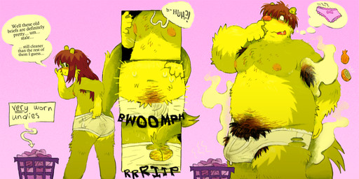 anthro armpit_hair back_stripes belly belly_grab big_belly black_eyes blush blush_lines bodily_fluids body_hair breasts briefs brown_armpit_hair brown_hair brown_pubes butt butt_hair cheek_tuft chest_hair chest_hair_growth clothing countershade_belly countershade_butt countershade_face countershading covering_nose dirty_briefs dirty_underwear dot_pupils dressing_self dripping erection_under_briefs erection_under_underwear facial_tuft fluffy_fur flustered food ftm_transformation fur gender_transformation genital_fluids green_body green_fur growth growth_sequence gynomorph hair hair_shrinking hairy intersex laundry laundry_basket male markings moobs mostly_nude musk navel nipples onion onomatopoeia overweight panties pink_background pink_nipples pink_nose plant precum precum_drip precum_through_clothing precum_through_underwear pubes pulling_up_underwear raised_tail reluctant simple_background skunk_tail small_breasts smelly_armpits smelly_butt smelly_penis snaggle_tooth solo sound_effects speech_bubble_drop_shadow stained_underwear stink_fumes striped_markings striped_tail stripes surprised sweat tail tail_markings tearing_underwear tenting text thought_bubble_drop_shadow torn_briefs torn_clothing torn_underwear transformation transformation_sequence tuft underwear vegetable weight_gain weight_gain_sequence wet wet_clothing white_briefs white_clothing white_speech_bubble white_thought_bubble white_underwear yellow_body yellow_countershading yellow_fur yellow_paws yellow_stripes snunkies mammal mephitid skunk comic english_text hi_res