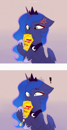 1_horn blue_hair chips_(food) cross-popping_vein exclamation_point falling female female_feral feral food gradient_background hair holding_object hooves horn mouth_hold purple_body purple_hooves purple_horn purple_wings simple_background solo spiral_horn surprised teal_eyes wings nnalyart friendship_is_magic hasbro my_little_pony mythology princess_luna_(mlp) equid equine mammal mythological_creature mythological_equine winged_unicorn absurd_res comic digital_drawing_(artwork) digital_media_(artwork) hi_res