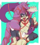 abs animal_genitalia anthro balls blush butt cake clothing cutlery dessert duo food fork genitals kitchen_utensils male male/male muscular muscular_male navel nipples open_mouth pecs ribbons sheath simple_background speedo swimwear tight_clothing tongue tongue_out tools simamanta lifewonders tokyo_afterschool_summoners bathym_(tas) garmr_(tas) canid canine canis demon domestic_dog mammal wolf hi_res