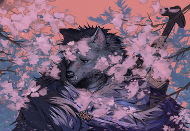 anthro biped cherry_blossom cloak clothing facial_scar fangs flower fur grey_body grey_fur looking_at_viewer male melee_weapon orange_background plant prunus_(flower) purple_eyes scar simple_background smile solo sword teeth weapon eruprior elden_ring fromsoftware blaidd_(elden_ring) canid canine canis mammal wolf 2022 digital_media_(artwork) hi_res