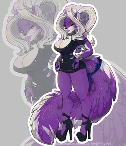 ankle_strap_heels anthro blue_eyes bracelet breasts choker cleavage clothed clothing collar cutout_heels dress female footwear fur hair heart_symbol high_heels jewelry lips lipstick makeup minidress necklace pink_lipstick pose pumps purple_body purple_fur shoes solo white_hair potionmastercernun seminophagia_(copyright) bianca_crowley mammal mephitid skunk 2015 pinup