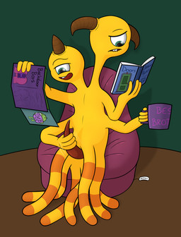 1_eye 4_arms aroused bean_bag bite biting_lip bodily_fluids book buckteeth butt container cup door duo genital_fluids genitals horn licking licking_lips magazine male male/male masturbation multi_arm multi_limb penis porn_magazine pornography precum reading reading_book sitting studying tapering_penis teeth tentacles tongue tongue_out whitesky disney monsters_inc monsters_university pixar mike_wazowski terri_perry terry_perry humanoid monster