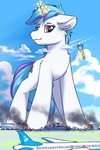 aircraft airplane airport blue_mane blue_tail building building_destruction cloud cutie_mark day destruction feral horn macro magic_user male mane narrowed_eyes outside smile smoke standing tail vehicle white_body ravistdash hasbro my_little_pony mythology snap_fable equid equine mammal mythological_creature mythological_equine unicorn digital_drawing_(artwork) digital_media_(artwork) hi_res