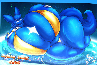 anthro big_breasts bikini blue_body blue_fur breasts clothing cosmic_fur cosmic_tail crossgender eyebrows female female_anthro fingers fur gold_bikini hand_on_own_breast huge_breasts huge_thighs hyper hyper_breasts hyper_thighs laying_on_planet lying macro moon mtf_crossgender neck_tuft on_side solo swimwear terra_macro text thick_thighs tuft two-piece_swimsuit nightlyflare golden_week quasar_(nightlyflare) canid canine fox mammal 2026 artist_name dated english_text hi_res male_(lore)