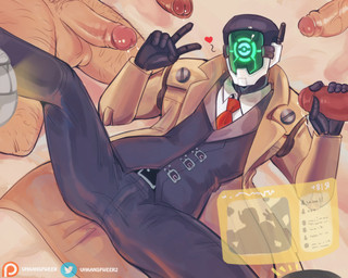 belt bodily_fluids clothed clothing erection genital_fluids genitals group holographic_screen humanoid_genitalia humanoid_penis lying machine male male/male not_furry on_back penis precum screen screen_face simple_background suit tan_clothing vhkansfweer cygames world_flipper regis_(world_flipper) human humanoid mammal robot robot_humanoid digital_media_(artwork)