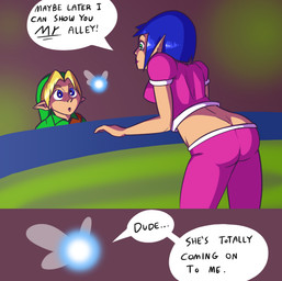 blonde_hair blue_eyes blue_hair butt female green_eyes group hair humanoid_pointy_ears humor male not_furry oblivious pointy_ears text wishful_thinking unknown_artist nintendo ocarina_of_time the_legend_of_zelda bombchu_lady navi young_link fairy humanoid hylian english_text