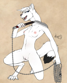assassin blue_eyes breasts chain crouching female fur genitals hood mask nipples nude sickle simple_background small_breasts smile solo teeth vulva weapon white_body white_fur blokfort mammal mustelid musteline stoat true_musteline weasel 2026 hi_res watermark