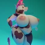 1:1 2018 anthro areola bagelcollector big_breasts bovid bovine breasts cattle eyebrow_piercing eyebrows eyelashes facial_piercing female green_background hair half-closed_eyes hand_on_hip hi_res huge_breasts looking_at_viewer mammal markings narrowed_eyes navel nipples overweight overweight_anthro overweight_female piercing pink_areola pink_eyes pink_hair pink_nipples ribby_(character) signature simple_background smile solo