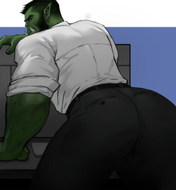 arm_support beard bent_over black_bottomwear black_clothing black_hair black_pants bottomwear butt butt_focus butt_pose clothed clothing facial_hair green_body green_skin hair humanoid_pointy_ears leaning leaning_forward looking_at_viewer looking_back looking_back_at_viewer male muscular muscular_humanoid muscular_male not_furry pants pointy_ears pose presenting presenting_hindquarters rolled_up_sleeves shirt solo three-quarter_view topwear tusks white_clothing white_shirt white_topwear dopq humanoid orc hi_res