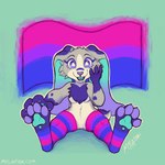 anatomically_inaccurate anatomically_inaccurate_pawpads anthro bisexual_pride_colors blue_body blue_eyes blue_fur breasts cheek_tuft chest_tuft facial_tuft featureless_breasts featureless_crotch female floppy_ears front_view fur grey_body grey_fur lgbt_pride open_mouth open_smile pride_colors sitting smile solo text tuft white_body white_fur mylafox lagomorph leporid mammal rabbit 1:1 2021 hi_res url