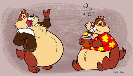 anthro belly big_belly bottomless bottomless_anthro bottomless_male bubble buckteeth clothed clothing collared_shirt container cup disposable_cup dress_shirt drinking_straw drinking_straw_in_mouth duo fur half-closed_eyes holding_object holding_soda jacket male narrowed_eyes obese obese_anthro obese_male open_clothing open_jacket open_mouth open_topwear overweight overweight_anthro overweight_male paws shirt sitting standing tail teeth tongue topwear dutch_(artist) chip_'n_dale_rescue_rangers disney chip_(disney) dale_(disney) chipmunk ground_squirrel mammal rodent sciurid 2023 hi_res signature