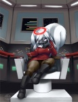 anthro biped boots bottomwear breasts chair clothed clothing eyewear female footwear furniture glasses hair halo looking_at_viewer purple_eyes shoes sitting skirt solo tail uniform upskirt white_hair abluedeer star_trek star_trek_the_original_series asphyxia_lemieux mammal mephitid skunk striped_skunk 2011 digital_media_(artwork) hi_res shaded