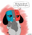 anthro black_nose blush dialogue female floppy_ears fur grey_body grey_fur motion_lines multicolored_body multicolored_fur short_stack short_tail simple_background slightly_chubby smile solo speech_bubble tail text thick_thighs joaoppereiraus nintendo nintendo_switch switch_dog switchy_(joaoppereiraus) animate_inanimate canid canine canis domestic_dog mammal 2019 digital_media_(artwork) english_text hi_res