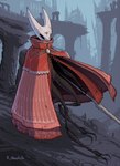 claws clothed clothing detailed_background holding_melee_weapon holding_object holding_polearm holding_spear holding_weapon melee_weapon polearm red_clothing solo spear weapon rovingneophyte hollow_knight team_cherry hornet_(hollow_knight) arthropod 2019 hi_res