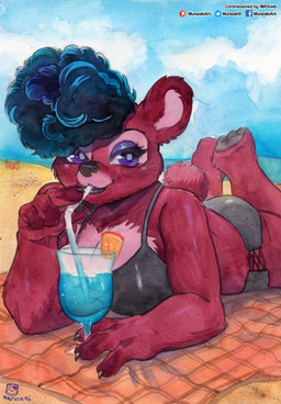 anthro beach beach_blanket bendy_straw bikini bikini_bottom bikini_top black_bikini black_bra black_clothing black_coded black_hair black_nose black_swimwear black_underwear bra breasts claws clothing cloud drinking drinking_straw eyeshadow female fur hair lips looking_at_viewer lying makeup on_front purple_eyes purple_eyeshadow purple_sclera red_body red_fur sand seaside sky solo swimwear thick_bottom_lip two-piece_swimsuit underwear waterside murazaki sugarberry_(character) bear mammal absurd_res hi_res painting_(artwork) signature traditional_media_(artwork) traditional_painting_(artwork) traditional_watercolor_(artwork) watercolor_(artwork)