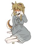 3_toes anthro barefoot blonde_hair breasts clothed clothing feet female hair paws simple_background sitting smile solo toes white_background kaitycuddle canid canine canis domestic_dog mammal 2021 digital_media_(artwork)