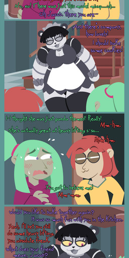 anthro black_hair bob_cut breasts clothing eyewear female fur glasses green_eyes green_hair group hair larger_female machine maid_uniform male male/female mansion overweight pink_eyes ponytail purple_eyes red_hair size_difference smaller_male sweater tan_body tan_skin text topwear trio turtleneck uniform white_body white_fur yellow_sclera shane_frost bear giant_panda human mammal robot absurd_res comic english_text hi_res