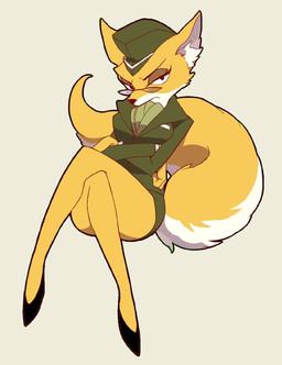 anthro clothing crossed_legs eyewear female fur glasses half-closed_eyes hat headgear headwear looking_at_viewer military_uniform narrowed_eyes simple_background solo uniform unknown_artist sek_studio squirrel_and_hedgehog lt._fox_vixen canid canine fox mammal source_request