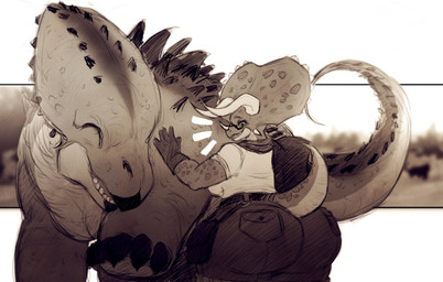 3_horns ambiguous_feral ambiguous_gender anthro bag beak big_butt bottomwear breasts butt clothed clothing eyewear female feral forest frill_(anatomy) glasses gloves handwear horn huge_butt medium_breasts multi_horn plant rear_view shirt shorts tail teeth thick_thighs topwear tree itzjaylock amari_(itzjaylock) ceratopsian ceratopsid chasmosaurine dinosaur marginocephalian ornithischian prehistoric_species reptile scalie triceratops hi_res
