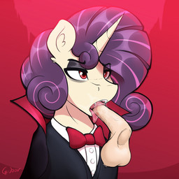 balls bodily_fluids bow_tie clothing disembodied_penis duo eyeshadow fangs feral genitals horn humanoid_genitalia humanoid_penis makeup male male/male oral penis purple_eyes purple_eyeshadow quadruped red_background red_eyes saliva simple_background teeth tongue tongue_out czu hasbro my_little_pony mythology charm_(czu) fan_character equid equine mammal mythological_creature mythological_equine unicorn vampire 1:1 absurd_res hi_res