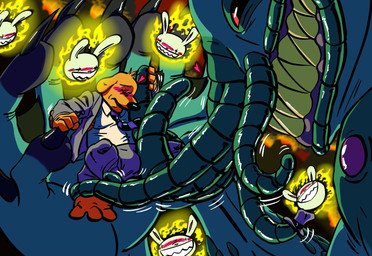 anthro blue_body brown_body brown_fur burning claws clothing duo fire fur gesture giant_monster group handshake in_hand male male/male nails sharp_nails sharp_teeth sinister_smile size_difference suit_jacket teasing teeth tentacles mroamin sam_and_max max_(sam_and_max) samuel_dog canid canine lagomorph leporid mammal monster rabbit 2026 colored hi_res