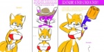 anthro big_breasts bottomless breasts cleavage clothed clothing crossgender duo ellipsis fangs featureless_crotch female fur hat headgear headwear huge_breasts male nerf_blaster teeth text topwear toy toy_gun tube_top white_body white_fur yellow_body yellow_fur norithics hasbro nerf_(toy) sega sonic_the_hedgehog_(series) fang_the_hunter miles_prower canid canine dipodid fox jerboa mammal rodent english_text