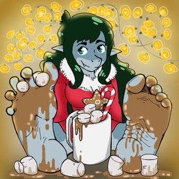 5_toes anthro between_toes beverage black_hair breasts candy candy_cane chocolate christmas_clothing clothing container countershading cup dessert eyebrows fangs feet female food food_fetish food_on_feet food_play foot_fetish foot_focus hair holidays hot_chocolate looking_at_viewer marshmallow messy mug pointy_ears sitting smile soles solo sweater teeth toes topwear michaellabrown christmas aquatic fish shark 1:1 hi_res