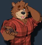 anthro blush brown_body brown_fur clothing fur humanoid_hands male one_eye_closed shirt simple_background solo tongue tongue_out topwear wink nimbysan password_(visual_novel) dean_(password) bear brown_bear mammal ursine 2021 hi_res