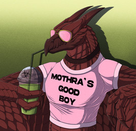 anthro beak clothing collar eyewear glasses horn male pink_clothing pink_shirt pink_topwear scales shirt shitpost slurpee smug_face topwear winged_arms wings feathered_diva toho rodan_(toho) kaiju prehistoric_species pterosaur reptile scalie hi_res meme