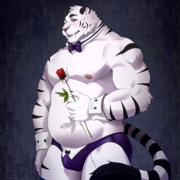 5_fingers anthro areola belly biceps biped black_body black_claws black_ears black_eyebrows black_fur black_markings black_sclera black_stripes black_tail black_tail_tip black_tail_tuft blush bow_collar bow_tie bulge butt button_(fastener) cheek_tuft chest_tuft claws clothed clothing curved_tail deltoids detailed_bulge dipstick_tail eyebrows facial_markings facial_tuft fangs finger_claws fingers flaccid flower flustered forearm_muscles fur genital_outline genitals glans_outline head_markings head_tuft holding_flower holding_object holding_rose humanoid_hands inner_ear_fluff looking_at_viewer male markings multicolored_body multicolored_clothing multicolored_fur multicolored_underwear musclegut muscular navel nipples open_mouth open_smile overbite pecs penis penis_outline pink_areola pink_nipples pink_nose plant purple_bow_tie purple_clothing purple_underwear red_rose rose_(flower) shirt_cuffs simple_background smile solo standing striped_body striped_fur striped_markings striped_tail stripes tail tail_markings tail_tuft teeth textured_background thick_arms three-quarter_view topless trapezius triceps tuft two_tone_body two_tone_clothing two_tone_fur two_tone_tail two_tone_underwear underwear white_body white_clothing white_eyes white_fur white_inner_ear white_inner_ear_fluff white_shirt_cuffs white_tail white_underwear purtropos chippendales remember_the_flowers axel_(remember_the_flowers) felid mammal pantherine tiger 1:1 2024 digital_media_(artwork) hi_res portrait signature three-quarter_portrait