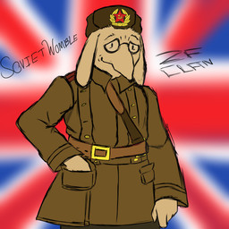 anthro belt blurred_background bottomwear brown_bottomwear brown_clothing brown_coat brown_hat brown_headwear brown_pants brown_topwear clothing coat eyewear fur glasses hand_in_pocket hat headgear headwear male pants pockets solo tan_body tan_fur topwear union_jack ushanka wearing_glasses templar_ponyboy sovietwomble womble hi_res