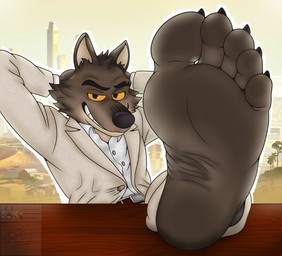 5_toes anthro barefoot claws clothed clothing feet feet_up foot_fetish foot_focus foot_on_table furniture humanoid_feet light logo looking_at_viewer male plantigrade soles solo table text toe_claws toes wrinkled_feet wrinkles coyocislav dreamworks the_bad_guys mr._wolf_(the_bad_guys) canid canine canis mammal wolf artist_logo artist_name hi_res lighting shaded