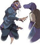 acipenseriformes anthro claws clothed clothing creep_(goosebumps) duo eating fish growth hair hair_loss hi_res human male mammal marine mid_transformation pupils purple_body purple_scales scale_growth scales scalie sharp_teeth simple_background slit_pupils snout snout_growth sturaptor sturgeon tail tail_growth tail_growth_in_pants teeth transformation transformation_through_food white_background