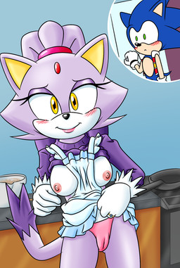 aged_up anthro appliance apron apron_lift blush clothed clothing clothing_lift digit_ring duo female hair hero housewife jewelry kitchen kitchen_appliance kitchen_utensils male male/female mature_female nipple_slip panties ponytail princess ring royalty shirt shirt_lift simple_background smile surprised tools topwear underwear wedding_ring sonicguru sega sonic_the_hedgehog_(series) blaze_the_cat sonic_the_hedgehog domestic_cat eulipotyphlan felid feline felis hedgehog mammal hi_res