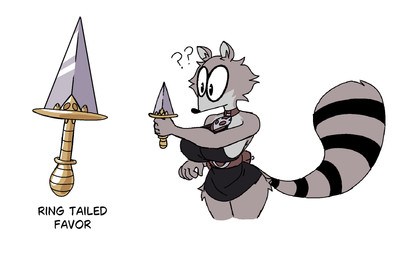 5_fingers anthro big_breasts big_eye breasts clothing confuse confusion dagger female fingers huge_breasts knife looking_at_object markings melee_weapon pouch_(clothing) question_mark raccoon_tail ring_(marking) ringed_tail rogue simple_background solo stealing striped_markings striped_tail stripes tail tail_markings text weapon white_background diegutan uva_the_raccoon mammal procyonid raccoon english_text hi_res