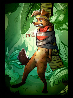 accessory anthro clothed clothing detailed_background duct_tape floppy_ears headband male partially_clothed plant restrained solo tape tree yote-dinner dreamworks forgotten_island raww_(forgotten_island) canid canine mammal werecanid werecanine werecreature weredog absurd_res hi_res